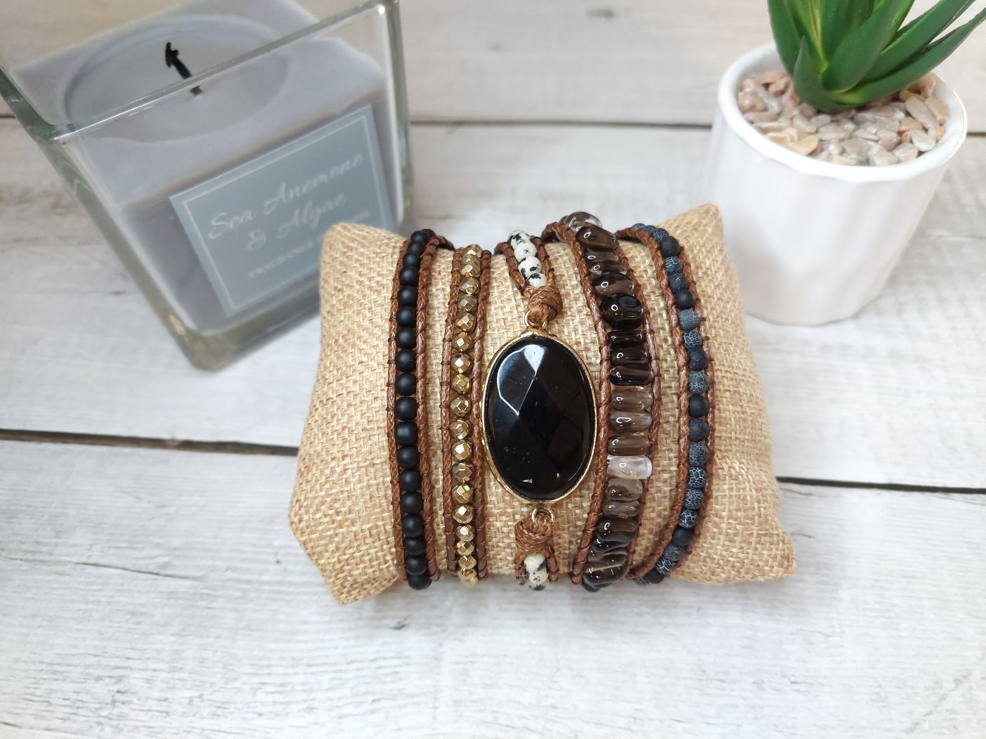 melnā obsidiāna rokassprādze dabīgo akmeņu rotas