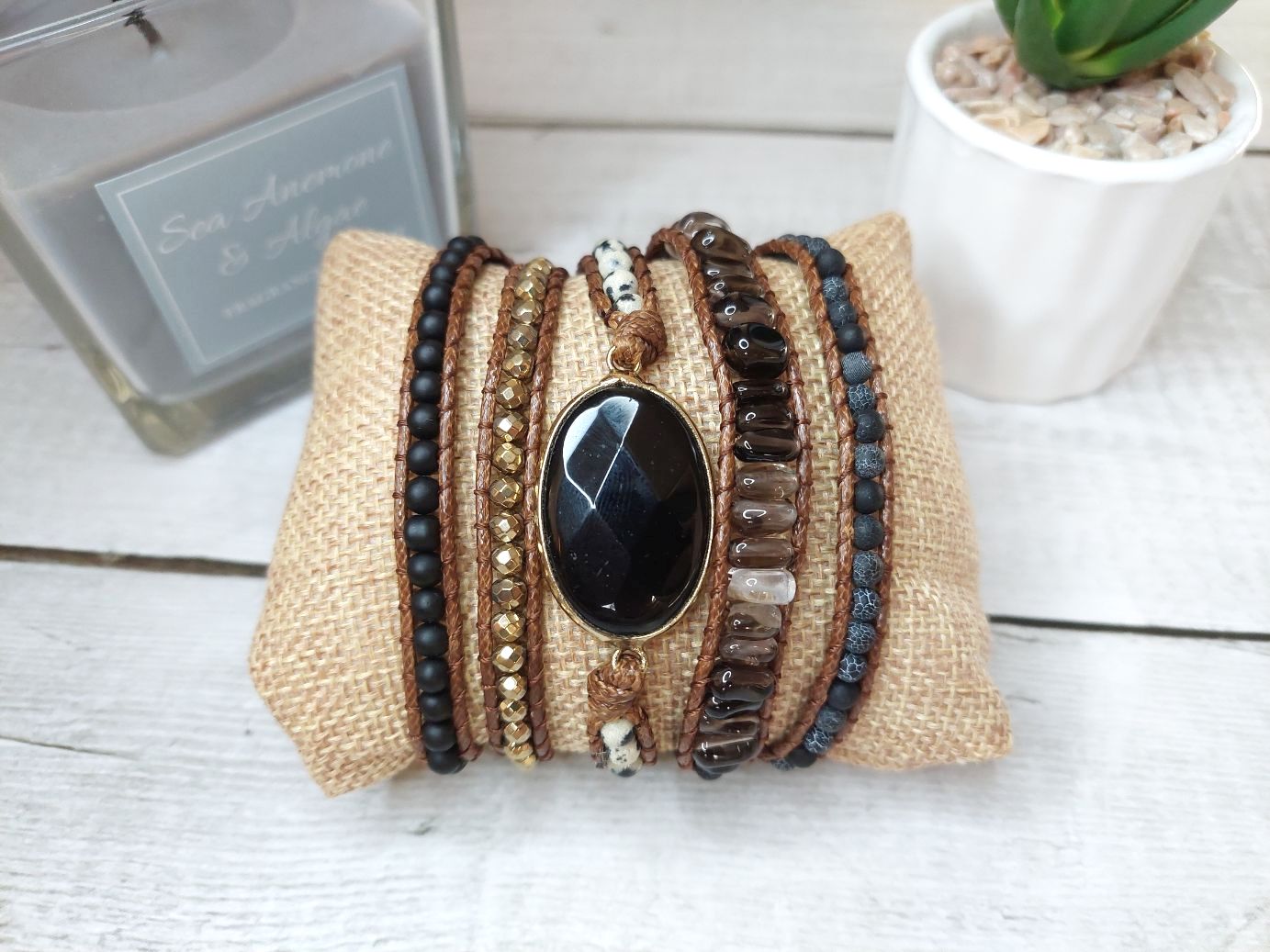 melnā obsidiāna rokassprādze dabīgo akmeņu rotas