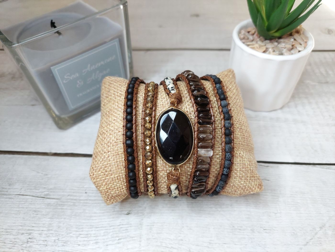 melnā obsidiāna rokassprādze dabīgo akmeņu rotas