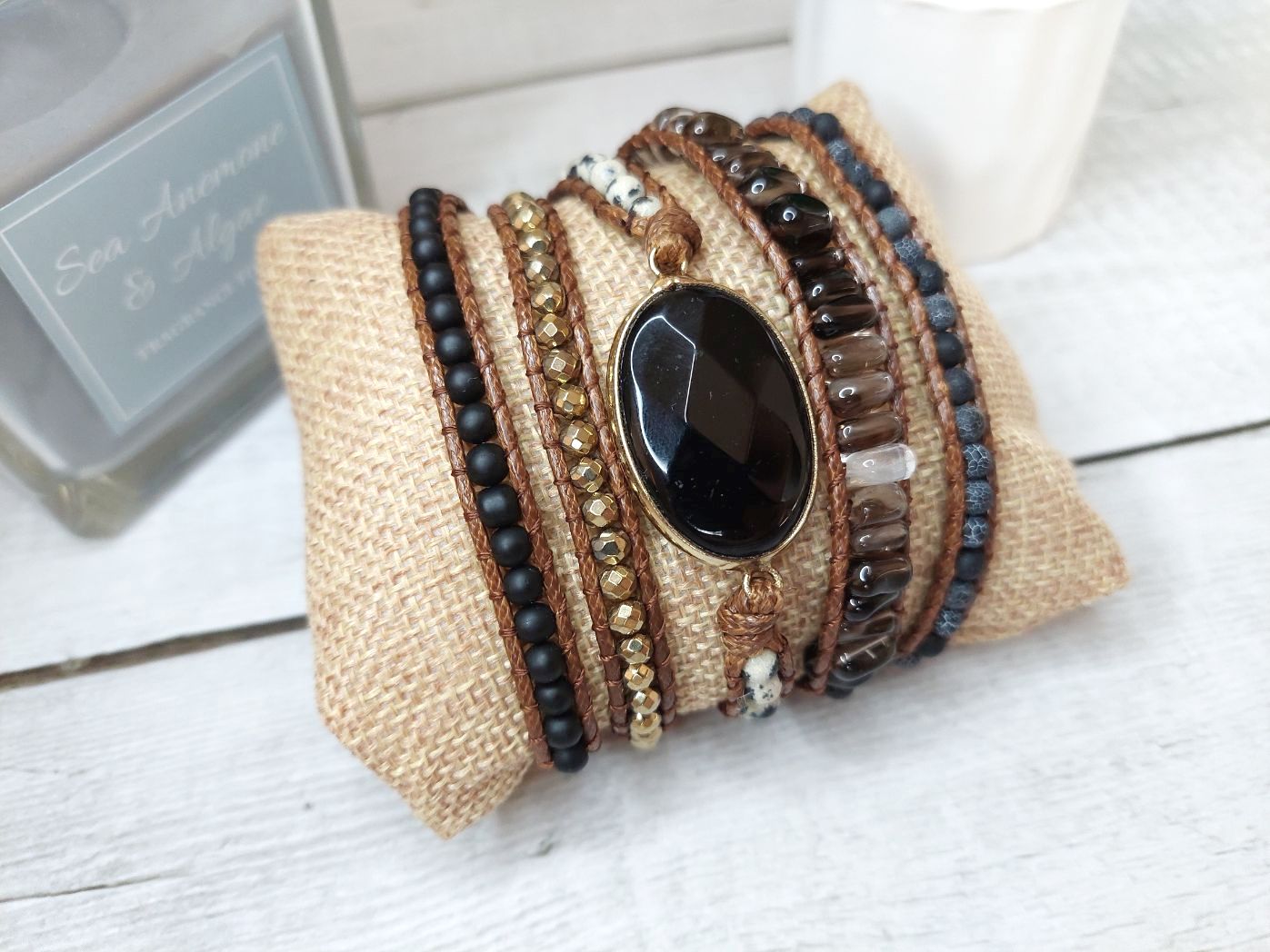 melnā obsidiāna rokassprādze dabīgo akmeņu rotas