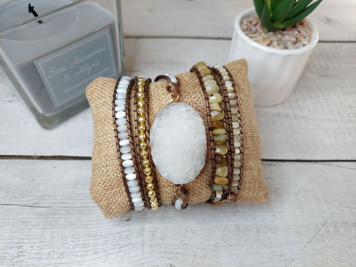 Baltā Kvarca Drūzas rokassprādze dabīgo akmeņu rotaslietas