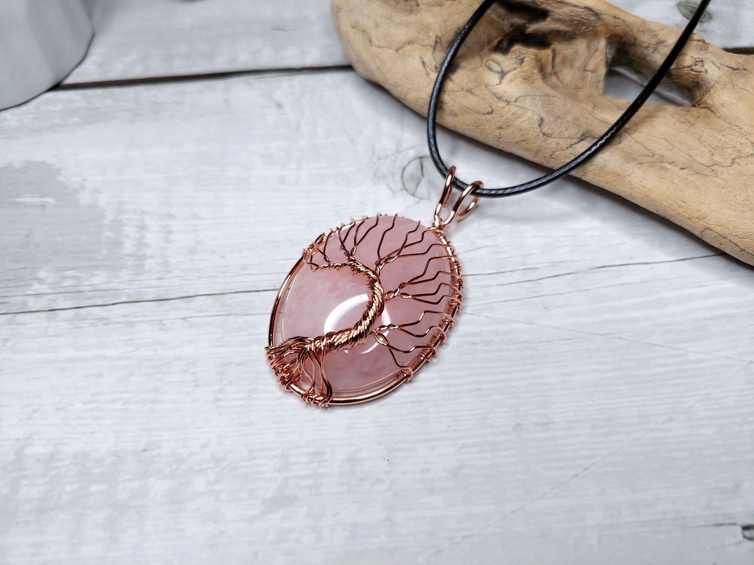 Dzīvības Koka kulons ar Rozā Kvarca akmeni dabīgo akmeņu rotaslietas rozā kvarca kristāls