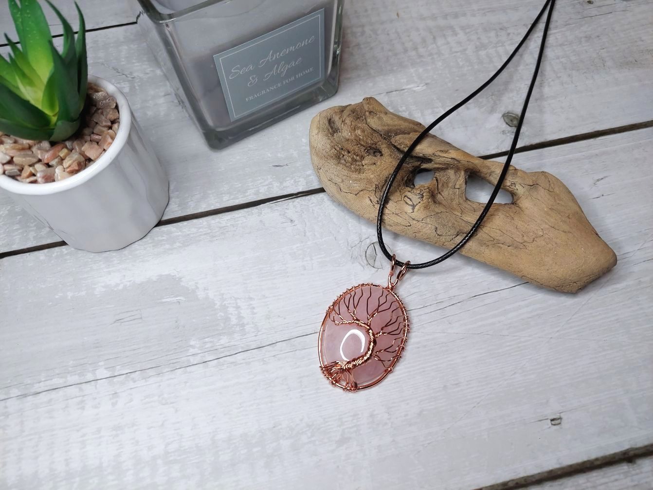 Dzīvības Koka kulons ar Rozā Kvarca akmeni dabīgo akmeņu rotaslietas rozā kvarca kristāls