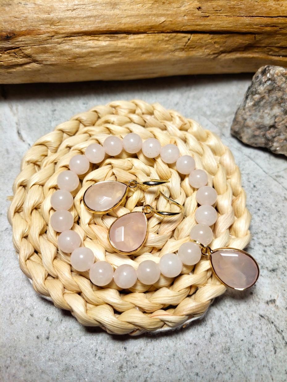 Rozā kvarca rostaslietas dabīgo akmeņu rotas