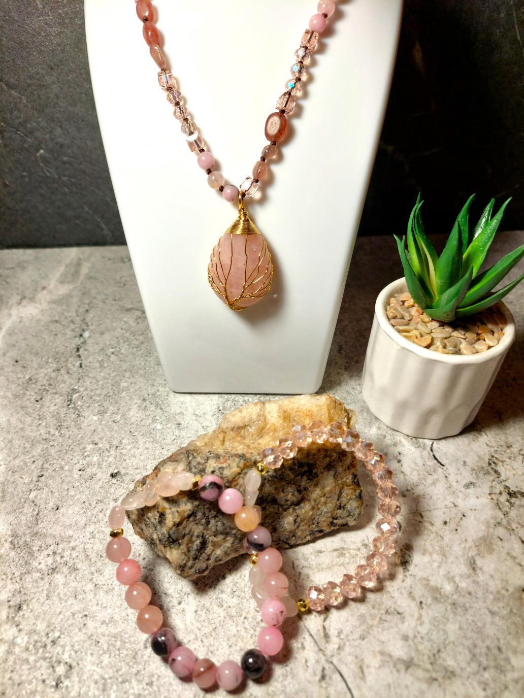 Rozā kvarca komplekts dabīgie akmeņi